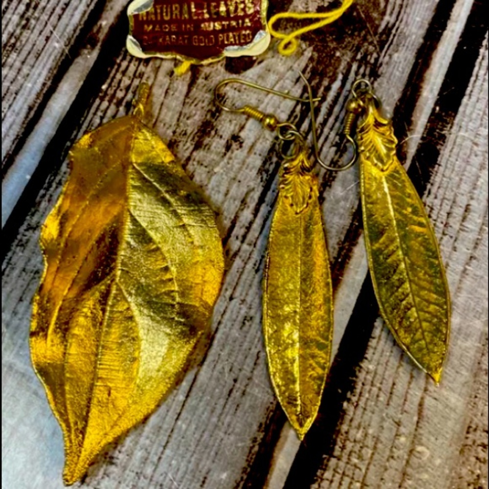 24 karat gold leaves earrings And Pin Set